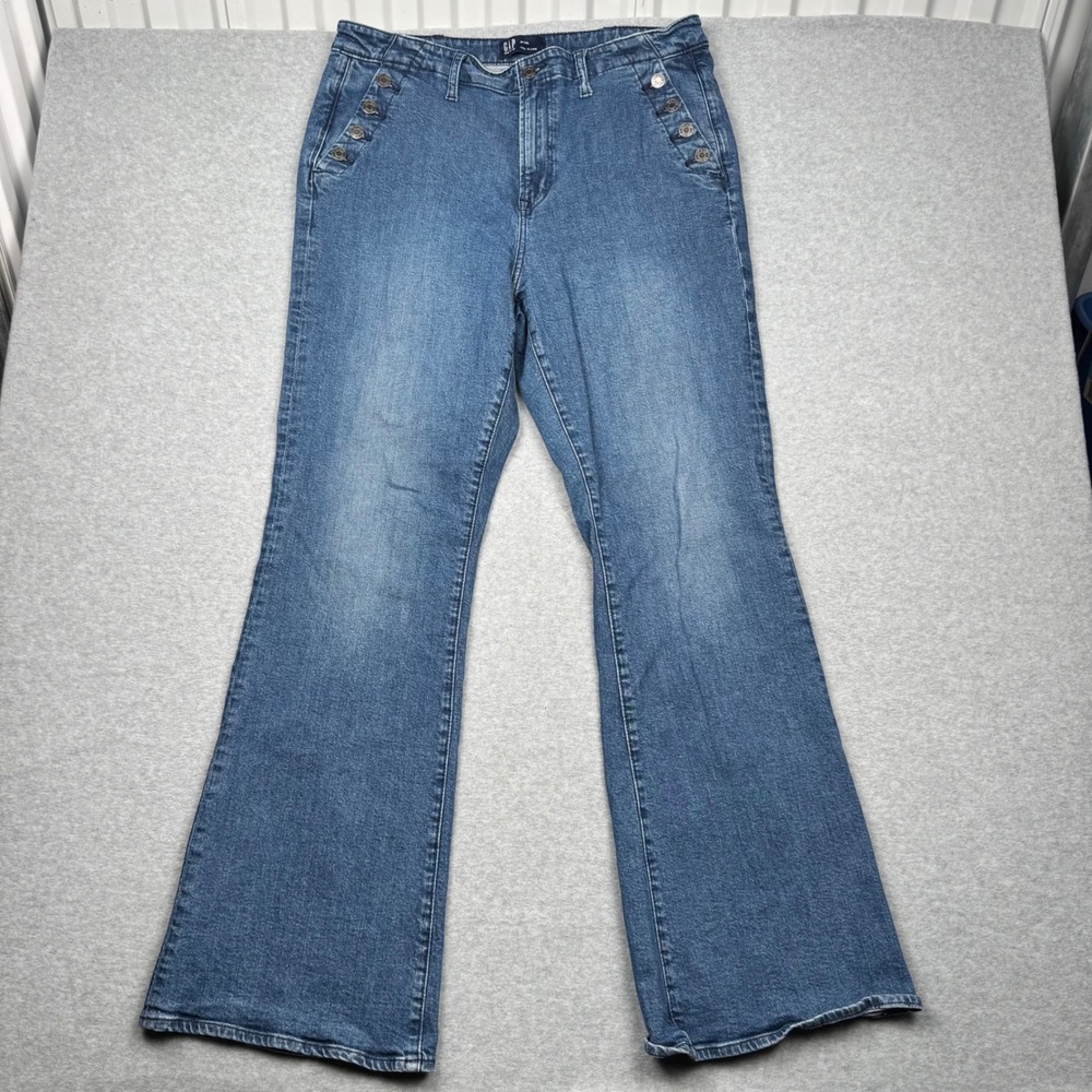 Gap Denim 70s Flare Jeans Womens 16/33L Blue Sailor Button High Rise Stretch